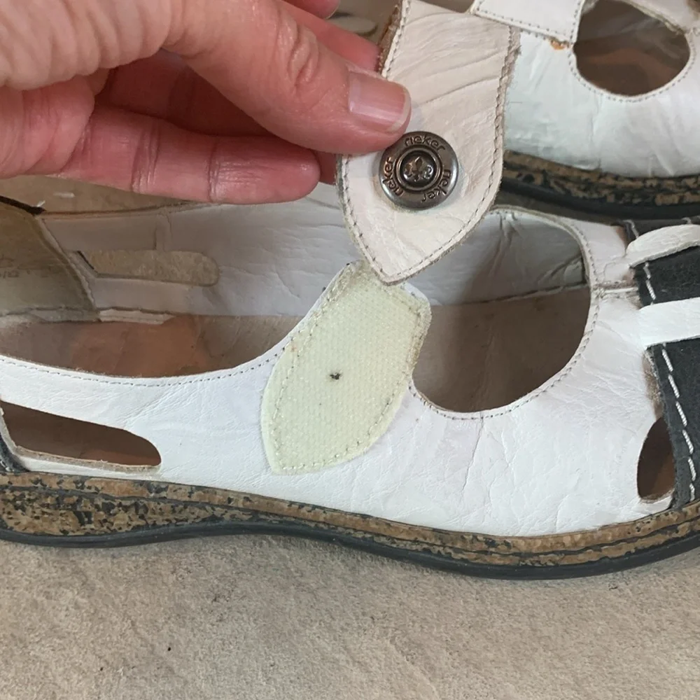 Rieker sz 38 white and dark blue/grey leather slip on shoes w/velcro closure